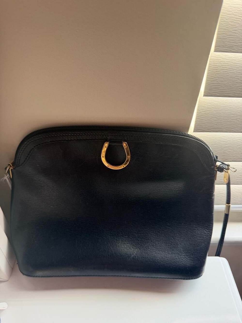 Vintage Pourchet Paris Black Pebbled Leather Horseshoe Shoulder Crossbody Bag